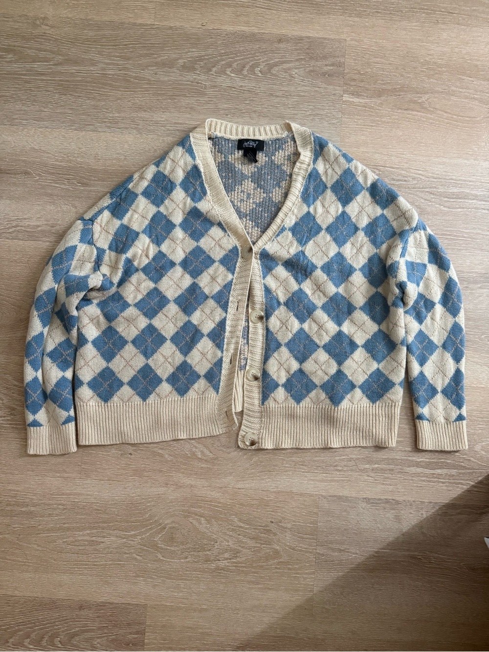 Argyle Button-Front Cardigan Sweater - Cream & Light Blue